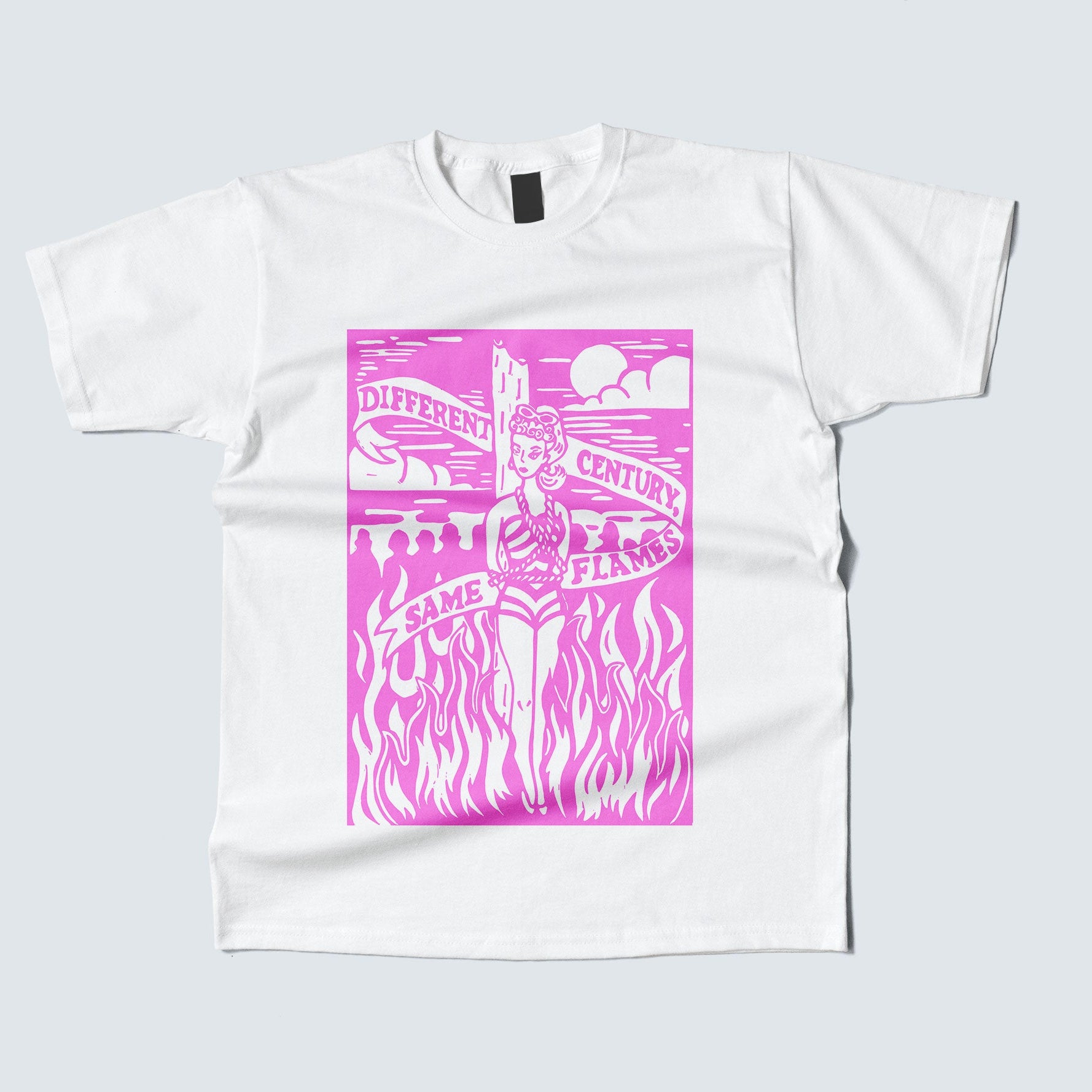 White t-shirt with pink graphic design on a light gray background