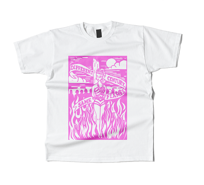 White t-shirt with pink graphic design on a white background