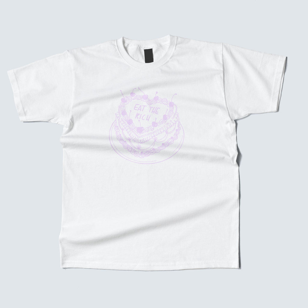 White t-shirt with a purple graphic design on a light gray background