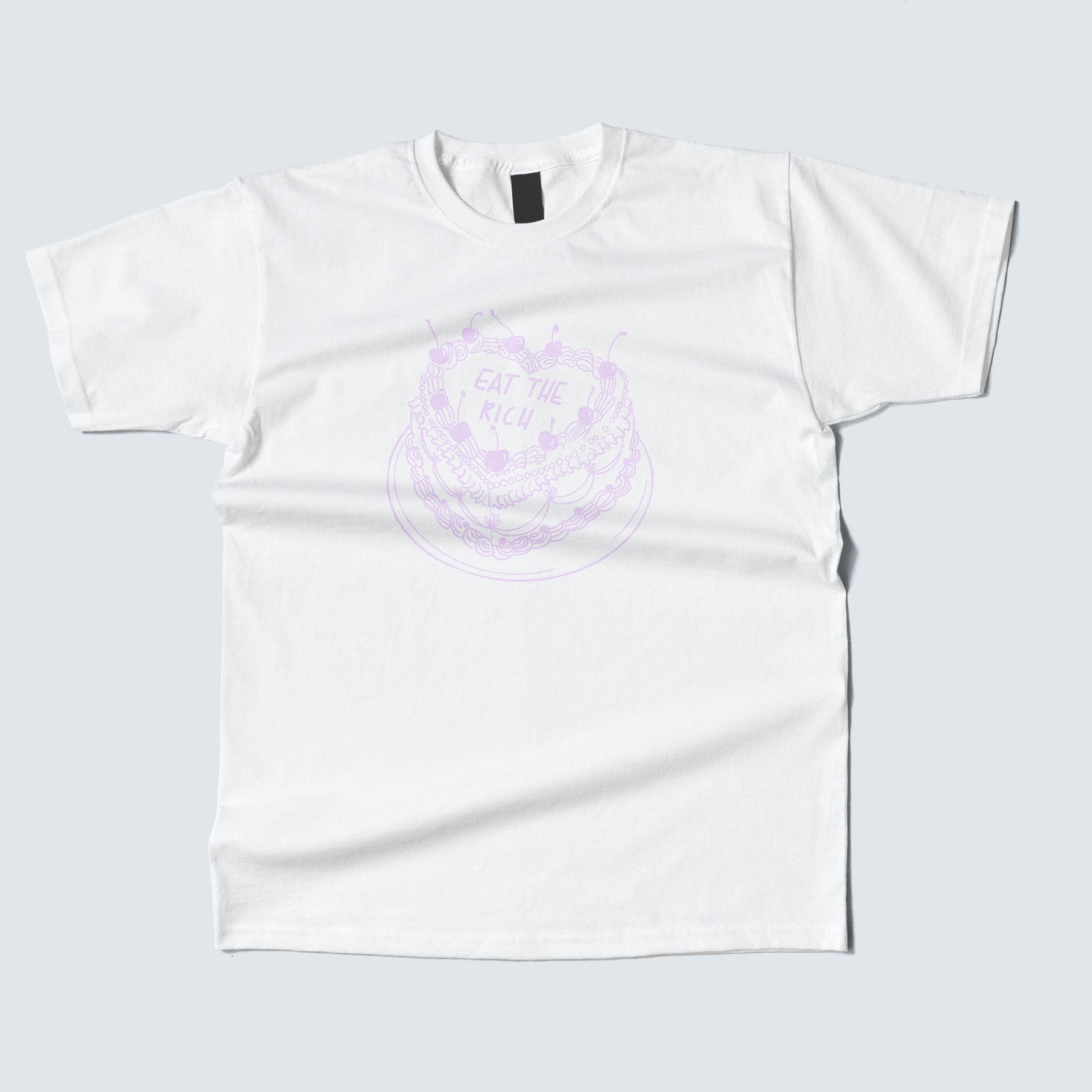 White t-shirt with a purple graphic design on a light gray background