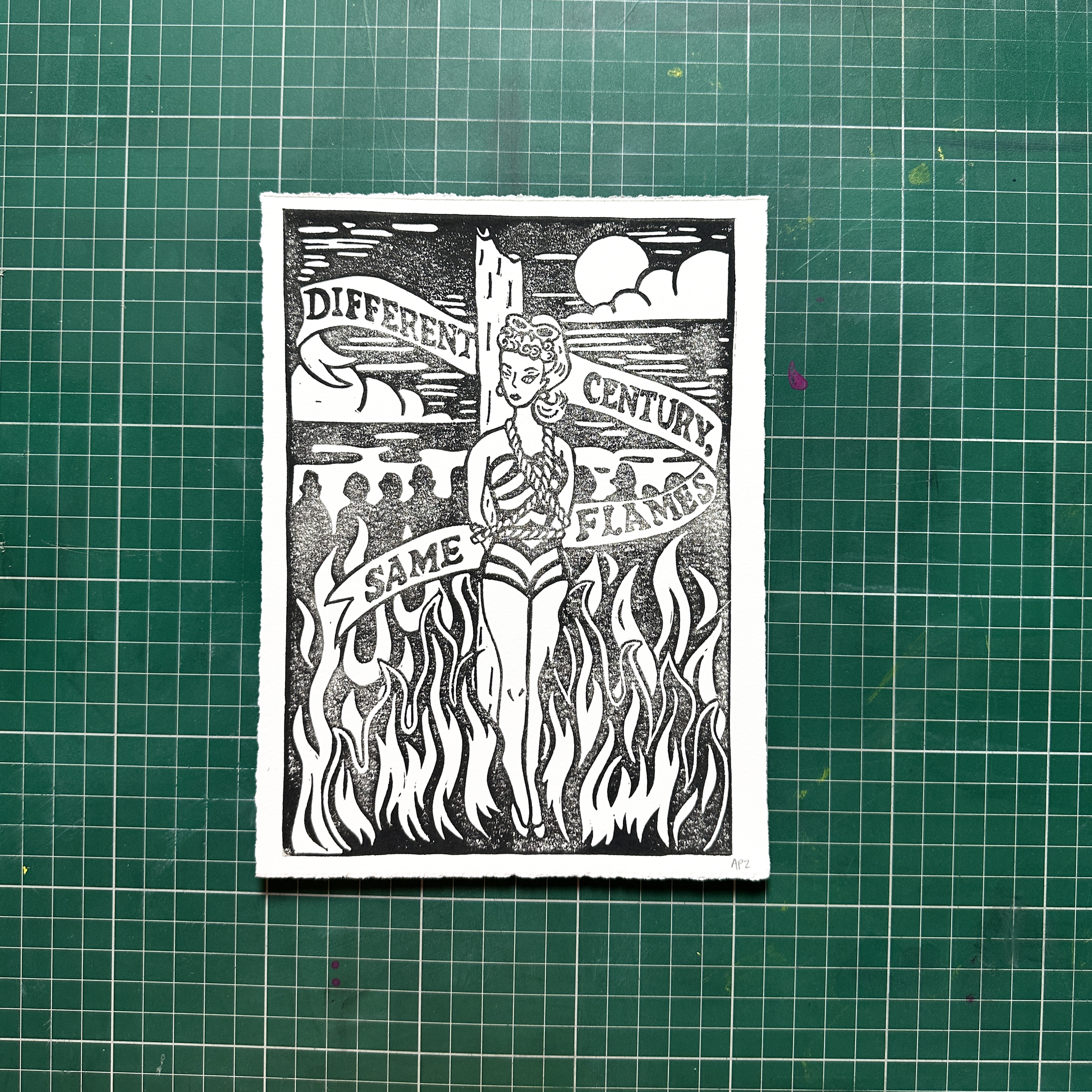 Black and white illustration on a green grid background