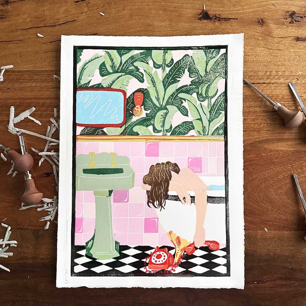 Don't Leave Me Hanging On The Telephone Reduction Lino Print
