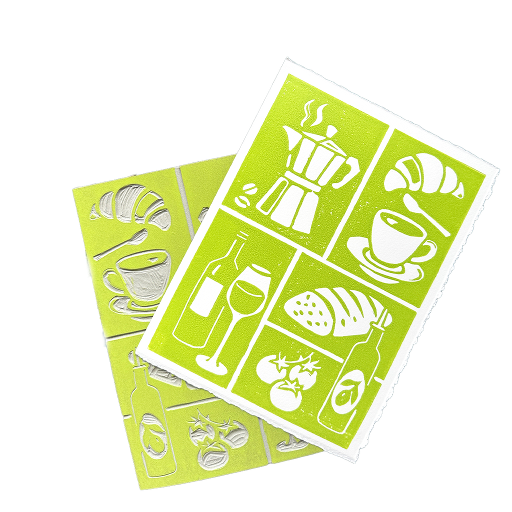 Set of three green kitchen-themed stencils on a white background