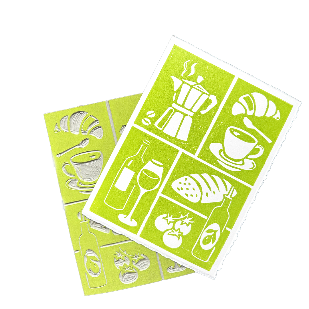 Set of three green kitchen-themed stencils on a white background