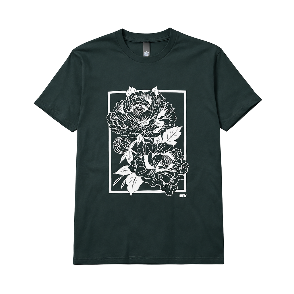 Black t-shirt with white floral design on a white background